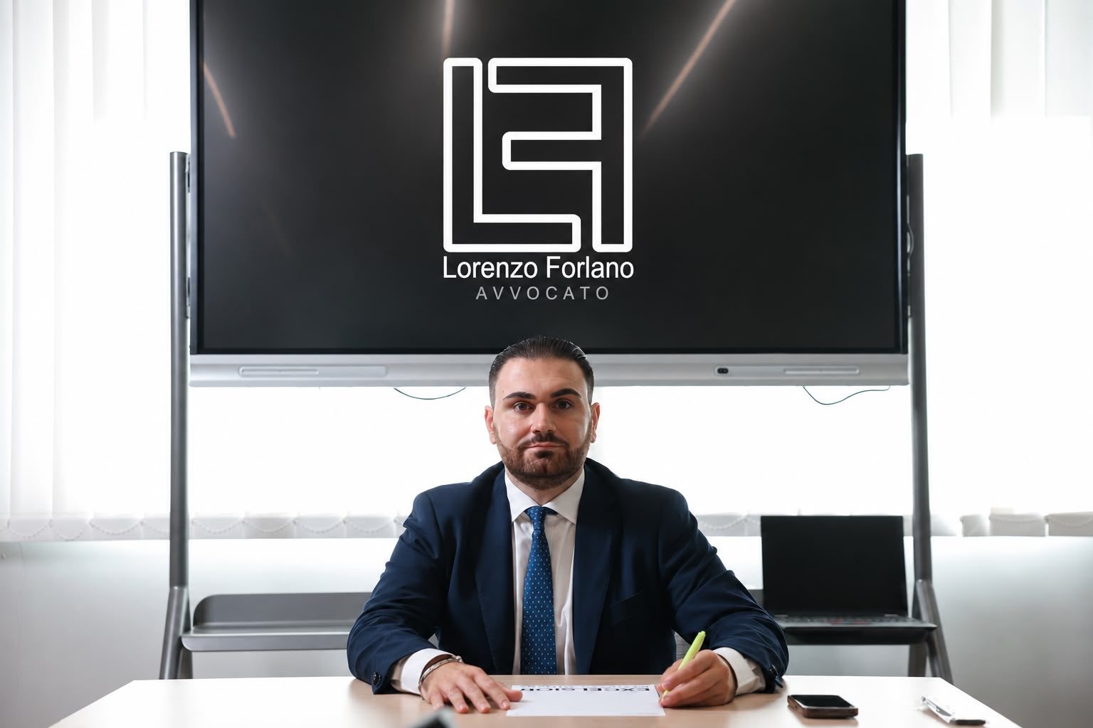 L’Avvocato Lorenzo Forlano alla scrivania della sala riunioni dello Studio